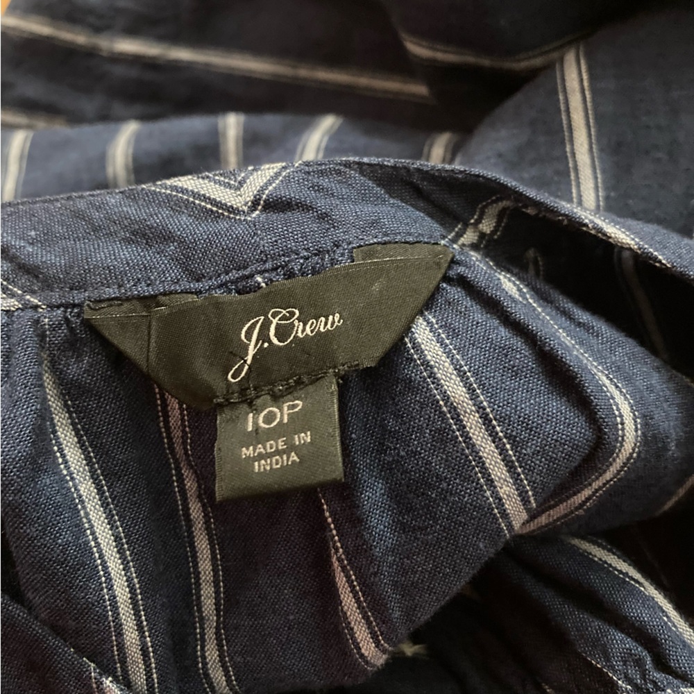 J. Crew Tie-Waist Navy White Stripe Linen-Blend Button-Up Long Sleeve Blouse 10P - Picture 8 of 8